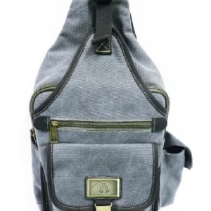 MED. GRAY CANVAS SLING BACKPACK..18.5"H X 9"W