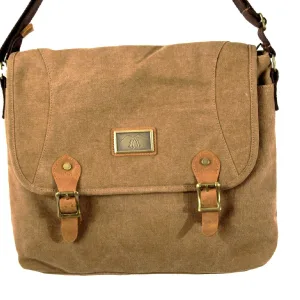 MED. BROWN CANVAS MESSENGER BAG W/LEATHER TRIM 16X13