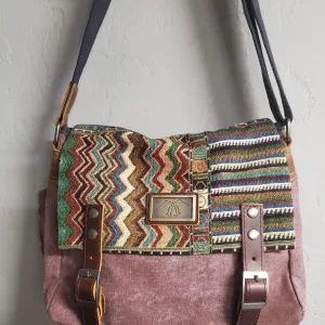 Brocade & Canvas bag w/ leather - 13"..MULTI-RED