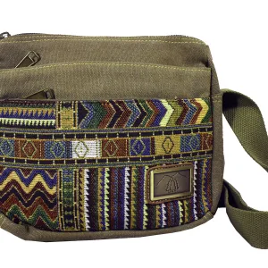 GREEN CANVAS & BROCADE SHOULDER BAG  11" W