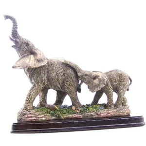 Elephant w/baby - wood base 8.5"W